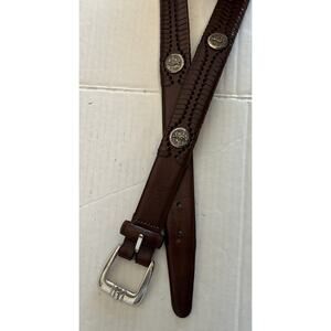 Vtg 1998 Brighton Leather Belt Men Sz34 Brown Woven Golf Classic Silver Conchos